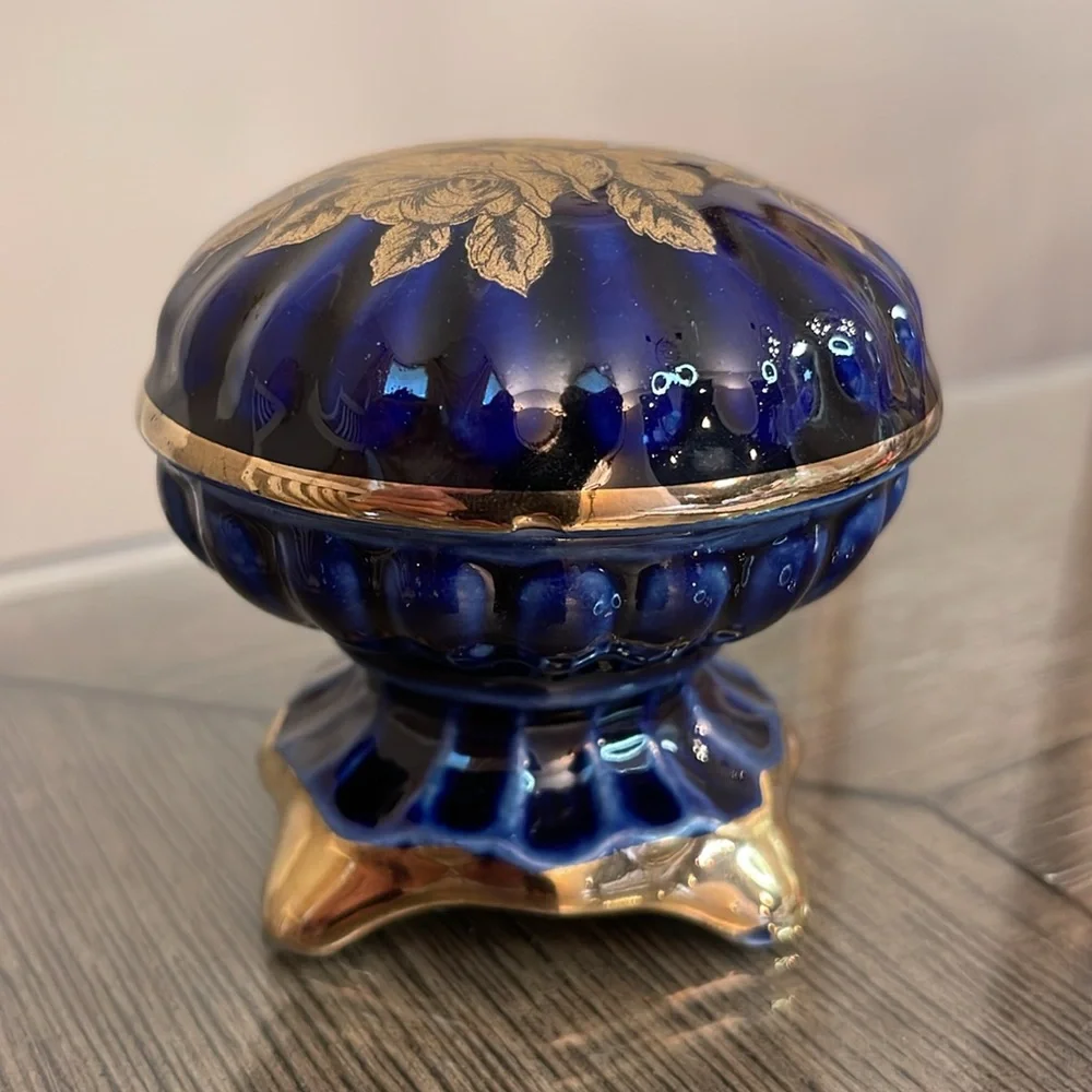 Vintage Cobalt Blue & Gold Footed Trinket Box